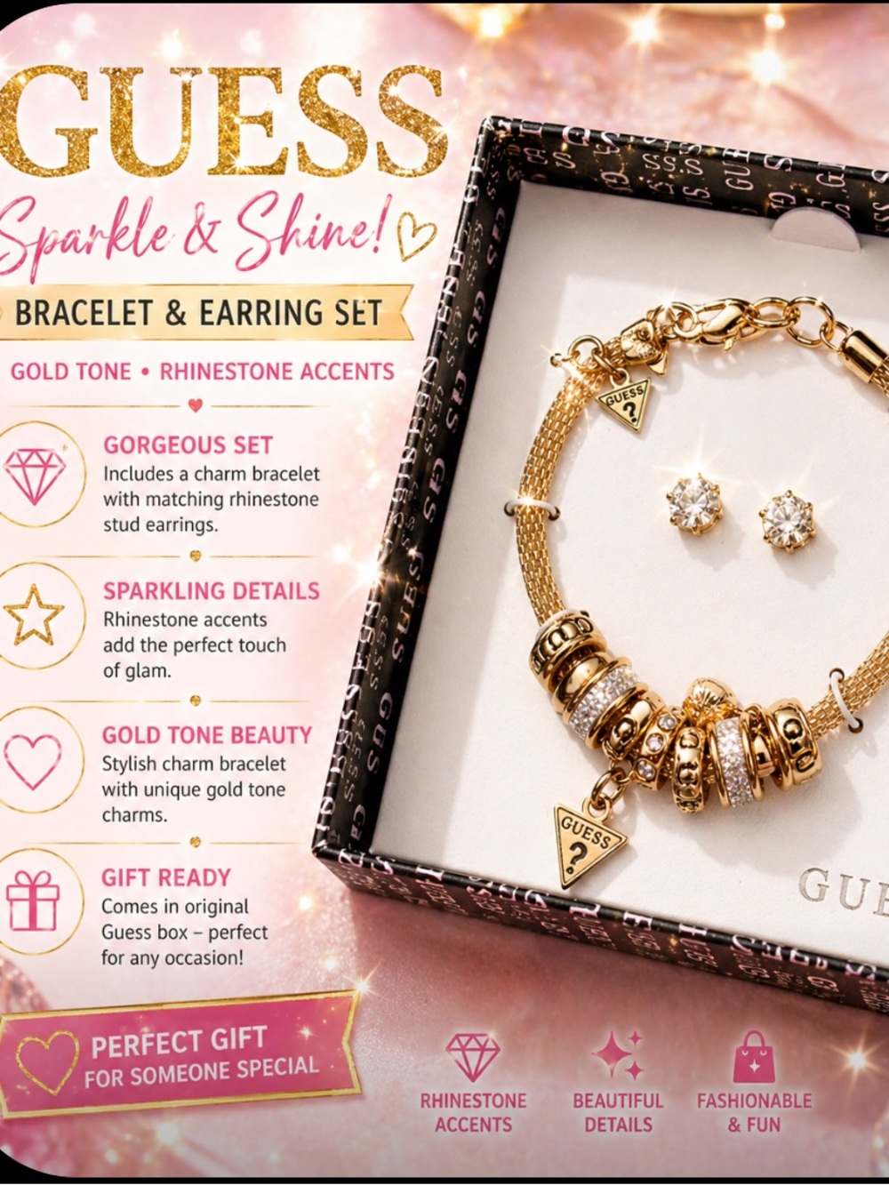 Guess Gold Tone Charm Bracelet & Stud Earrings Set – Rhinestone Charm Jewelry